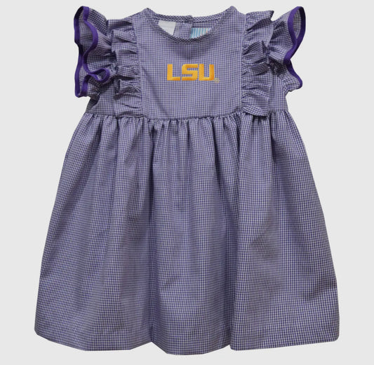 LSU Tigers Embroidered Gingham Ruffle Dress