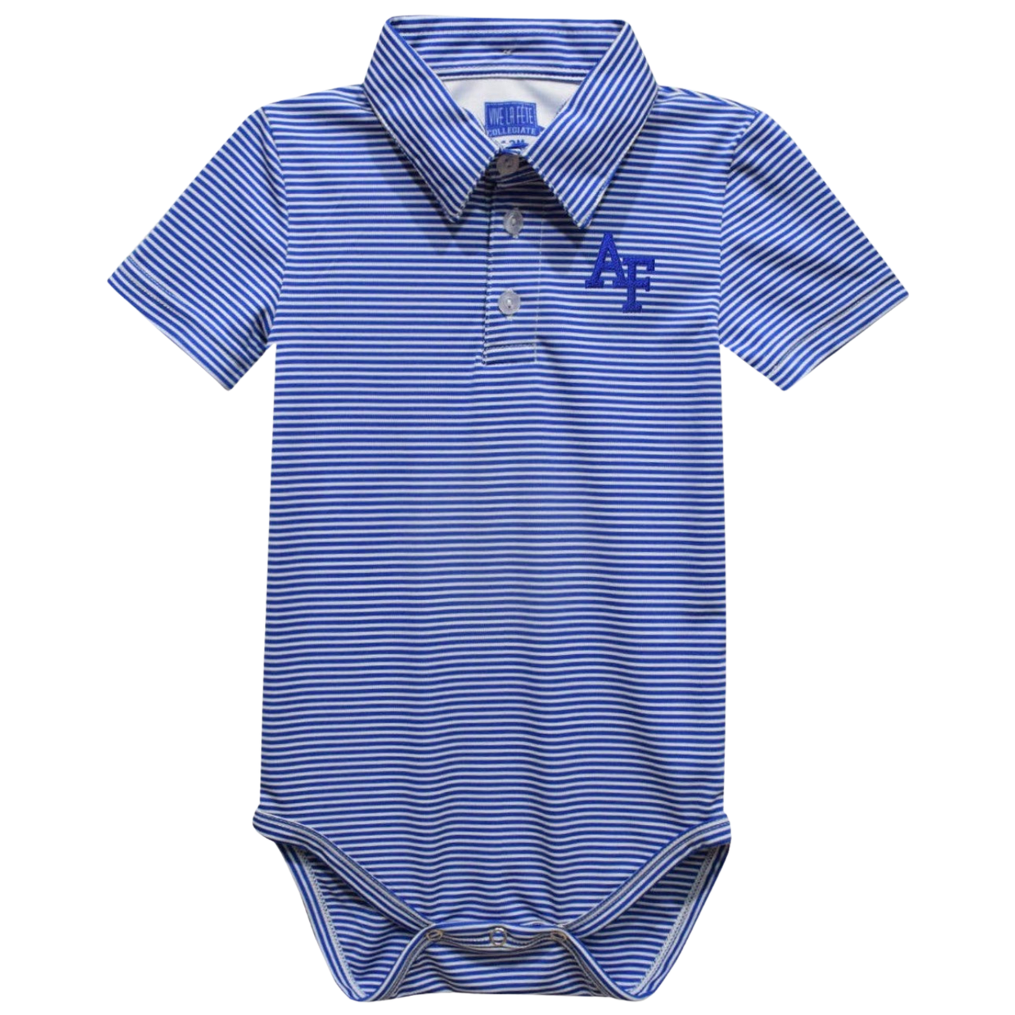 A baby short-sleeve polo bodysuit with blue and white horizontal stripes, featuring a blue 'AF' logo on the left chest and a blue collar label.