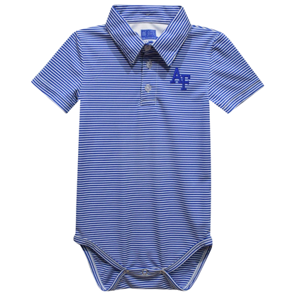 A baby short-sleeve polo bodysuit with blue and white horizontal stripes, featuring a blue 'AF' logo on the left chest and a blue collar label.