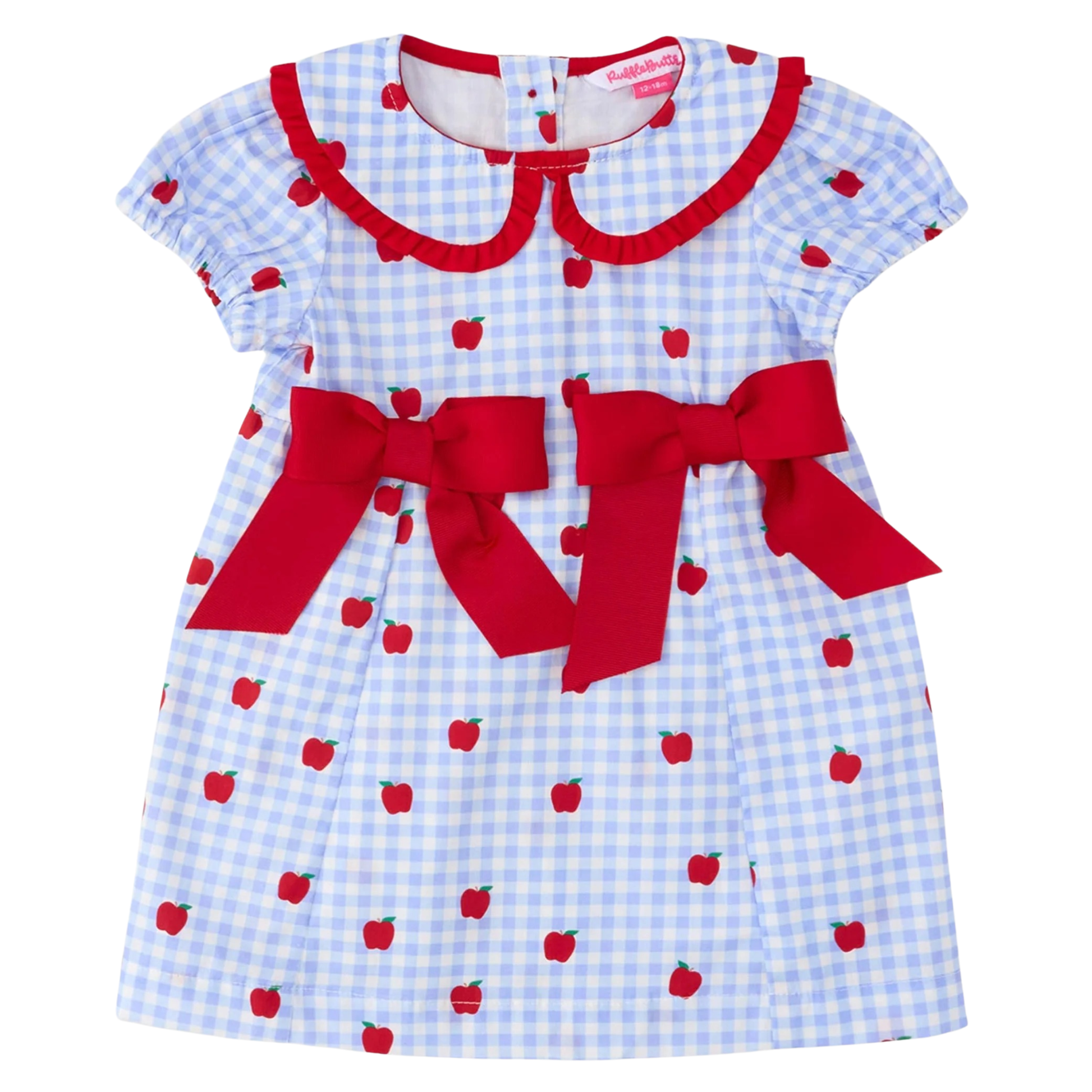 A short-sleeve baby girl's dress featuring a light blue and white gingham check pattern with red apple prints, a red collar, and two large red ribbon bows at the waist.
