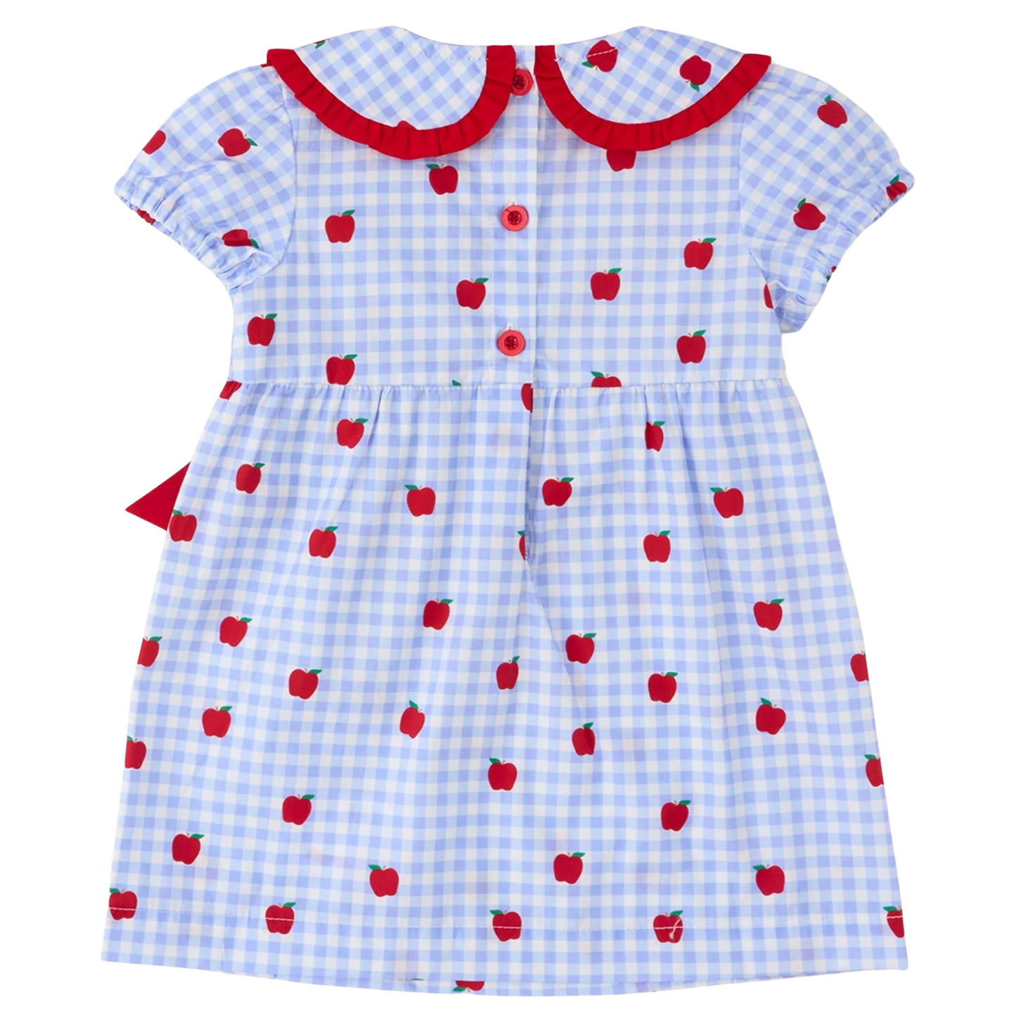 A toddler girl's short-sleeve dress featuring a light blue and white gingham pattern with red apple prints and a red collar, shown flat on a white background.