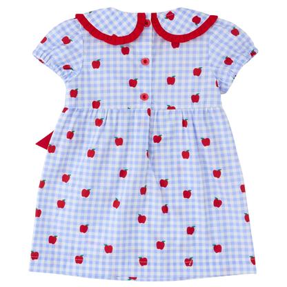 A toddler girl's short-sleeve dress featuring a light blue and white gingham pattern with red apple prints and a red collar, shown flat on a white background.