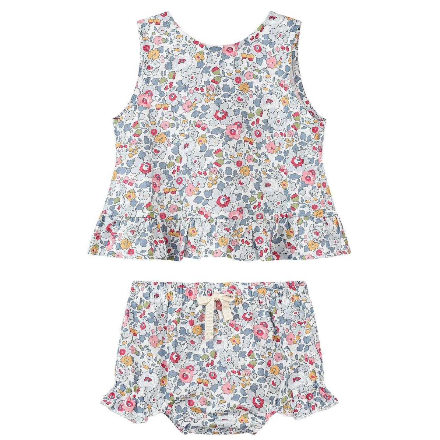 Floral patterned sleeveless top and shorts set on a white background