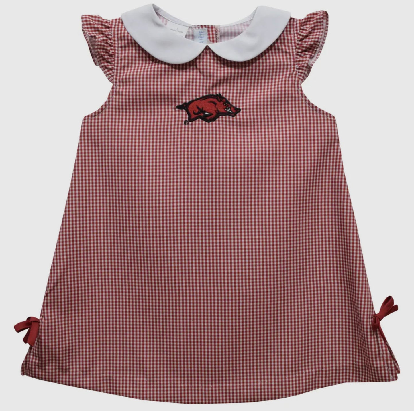 Red checkered dress with a collar and logo on a white background