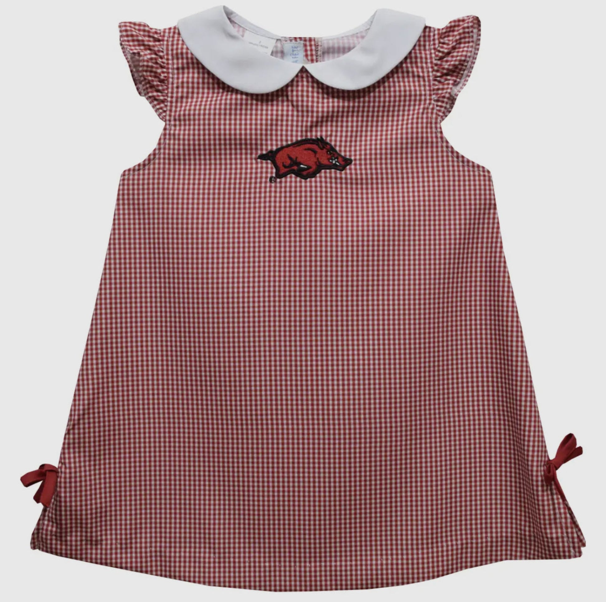Red checkered dress with a collar and logo on a white background