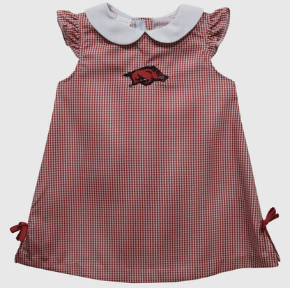 Red checkered dress with a collar and logo on a white background