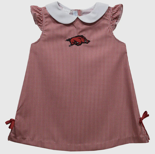 Red checkered dress with a collar and logo on a white background