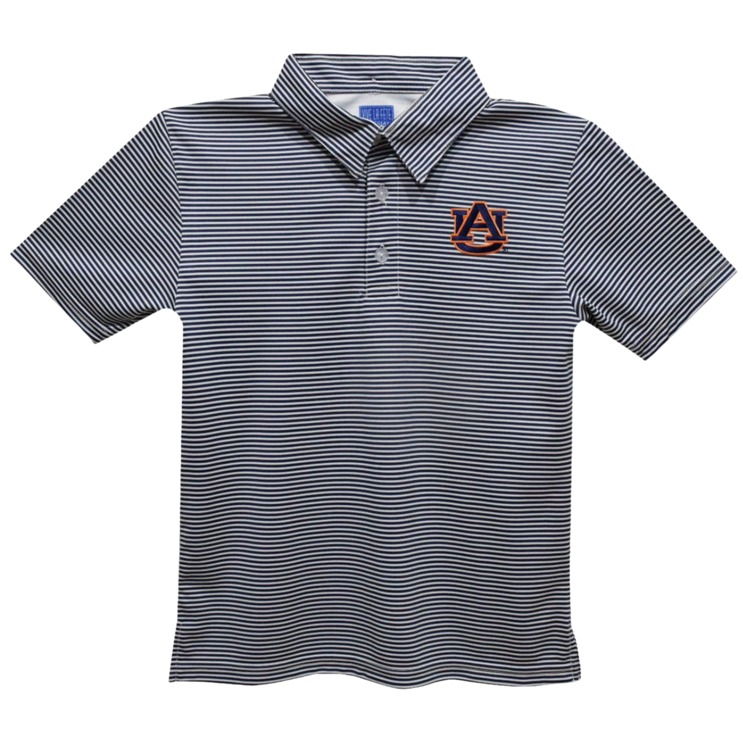 A short-sleeve polo shirt with thin horizontal navy and white stripes, featuring a small embroidered Auburn Tigers logo on the left chest.