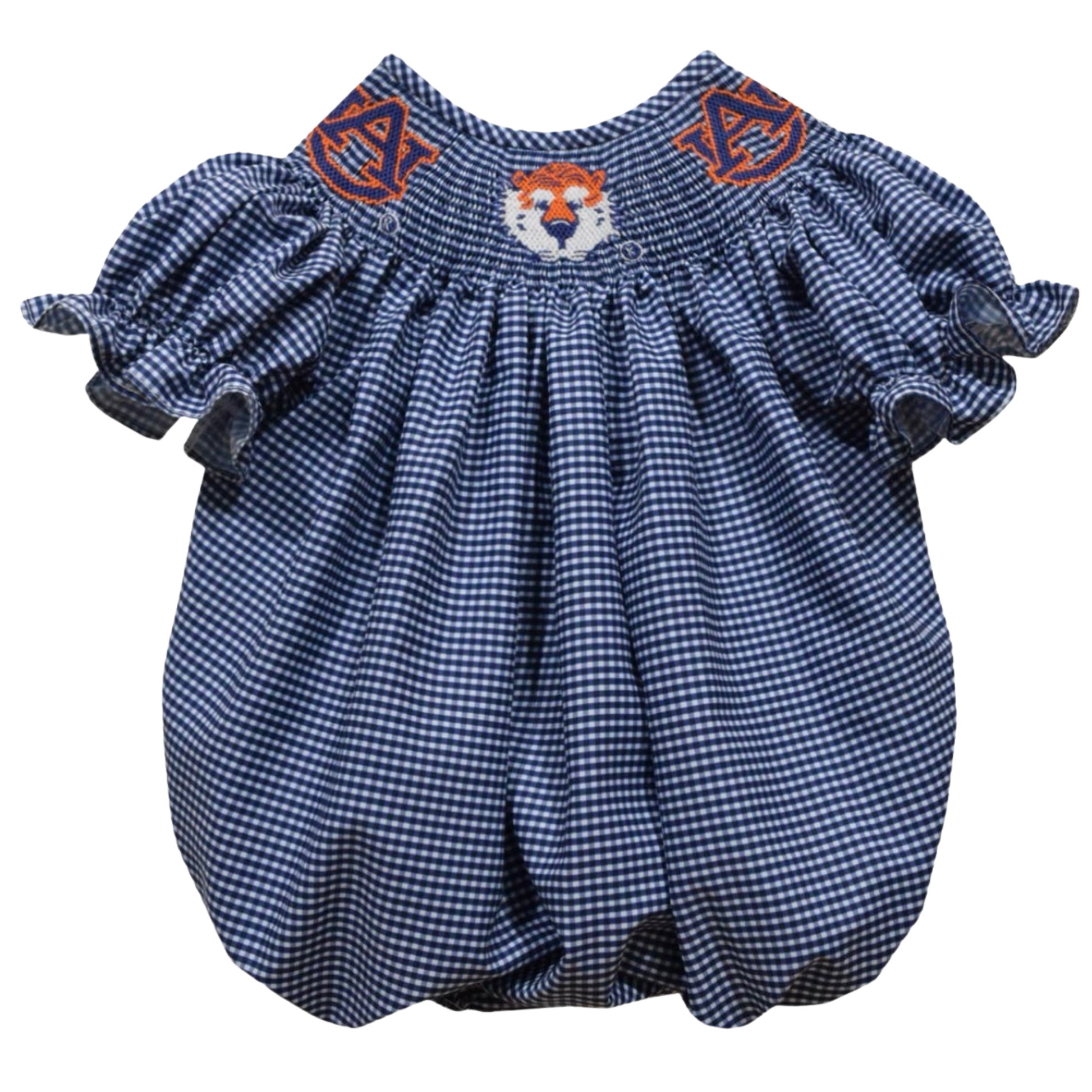 A navy and white gingham baby bubble romper with short ruffled sleeves, featuring orange embroidered tiger head details on the chest and a white embroidered tiger face in the center.