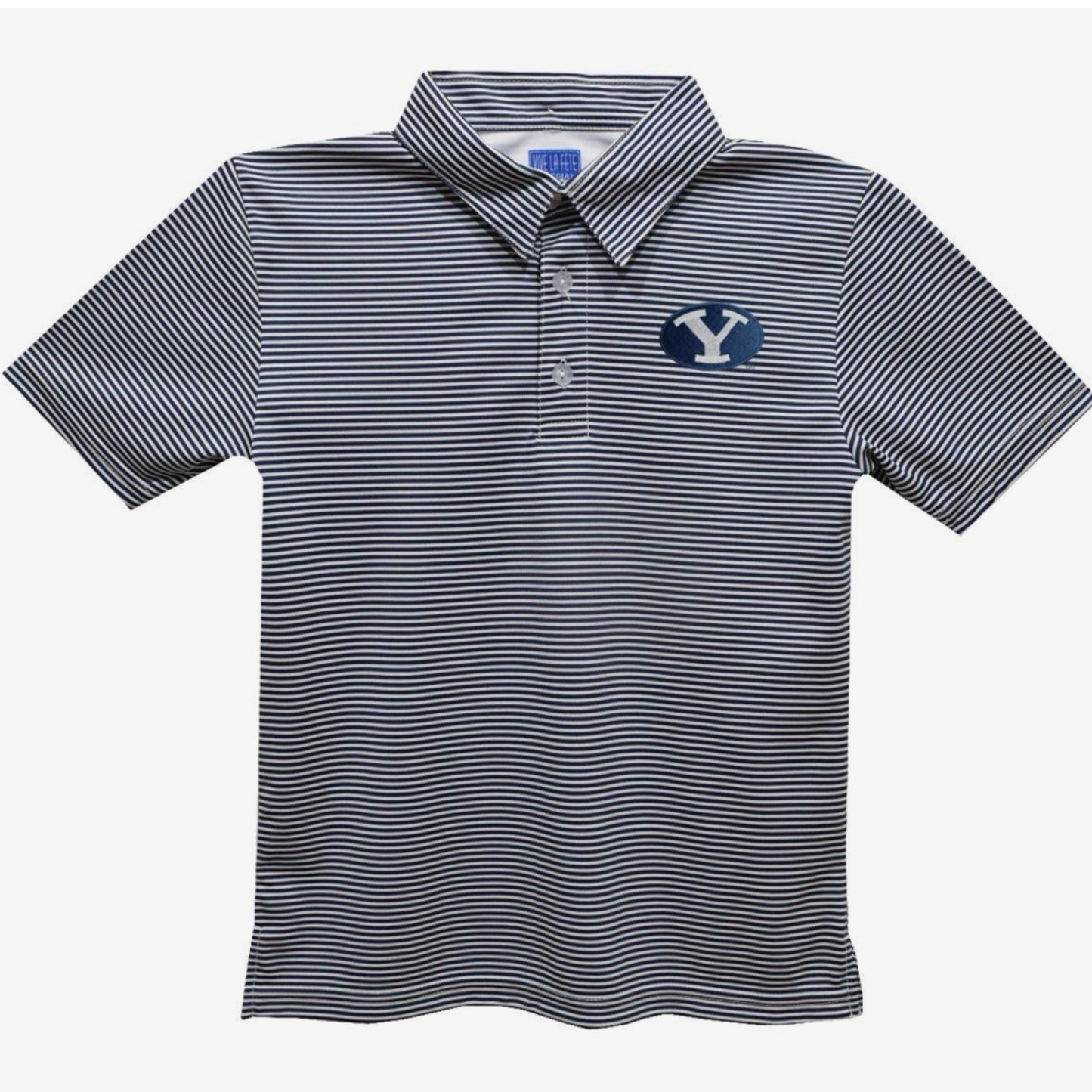 A short-sleeve polo shirt with thin navy and white horizontal stripes, featuring a blue and white 'Y' logo on the left chest, displayed on a clean white background.