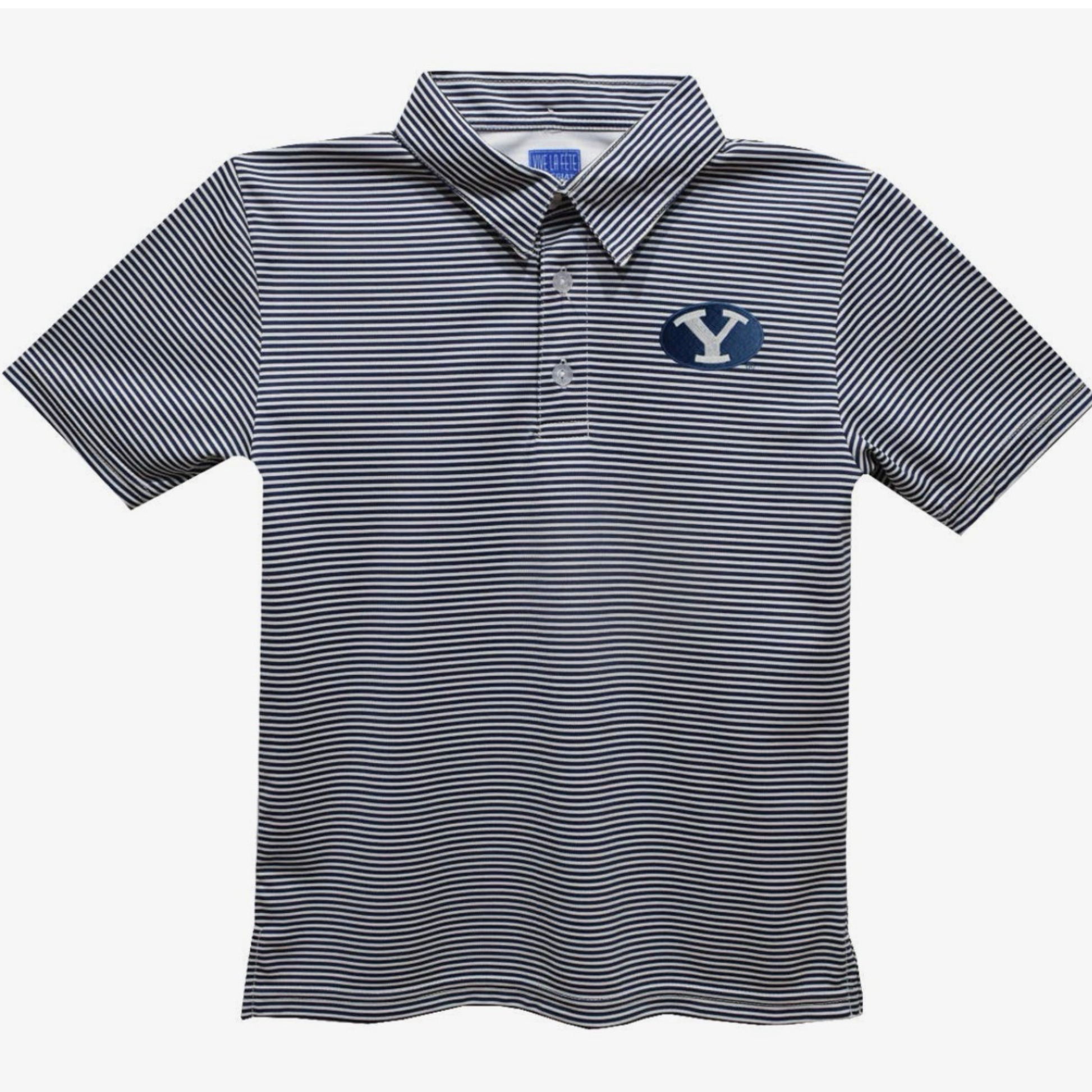 A short-sleeve polo shirt with thin navy and white horizontal stripes, featuring a blue and white 'Y' logo on the left chest, displayed on a clean white background.
