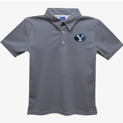 A short-sleeve polo shirt with thin navy and white horizontal stripes, featuring a blue and white 'Y' logo on the left chest, displayed on a clean white background.