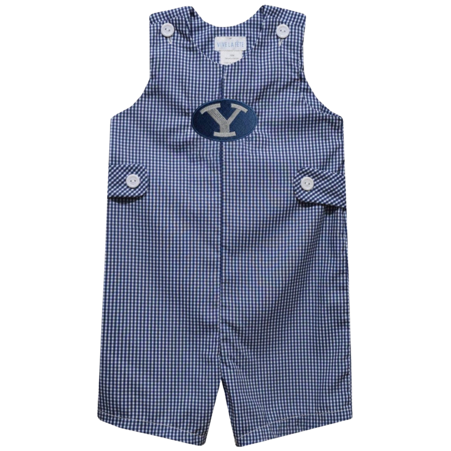 A baby romper in a blue and white gingham pattern, featuring a navy blue oval patch on the chest with a silver embroidered letter 'Y'.
