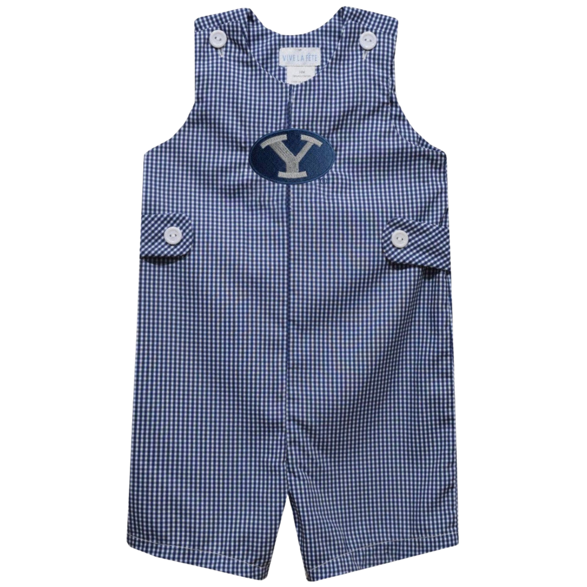 A baby romper in a blue and white gingham pattern, featuring a navy blue oval patch on the chest with a silver embroidered letter 'Y'.