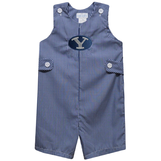 A baby romper in a blue and white gingham pattern, featuring a navy blue oval patch on the chest with a silver embroidered letter 'Y'.