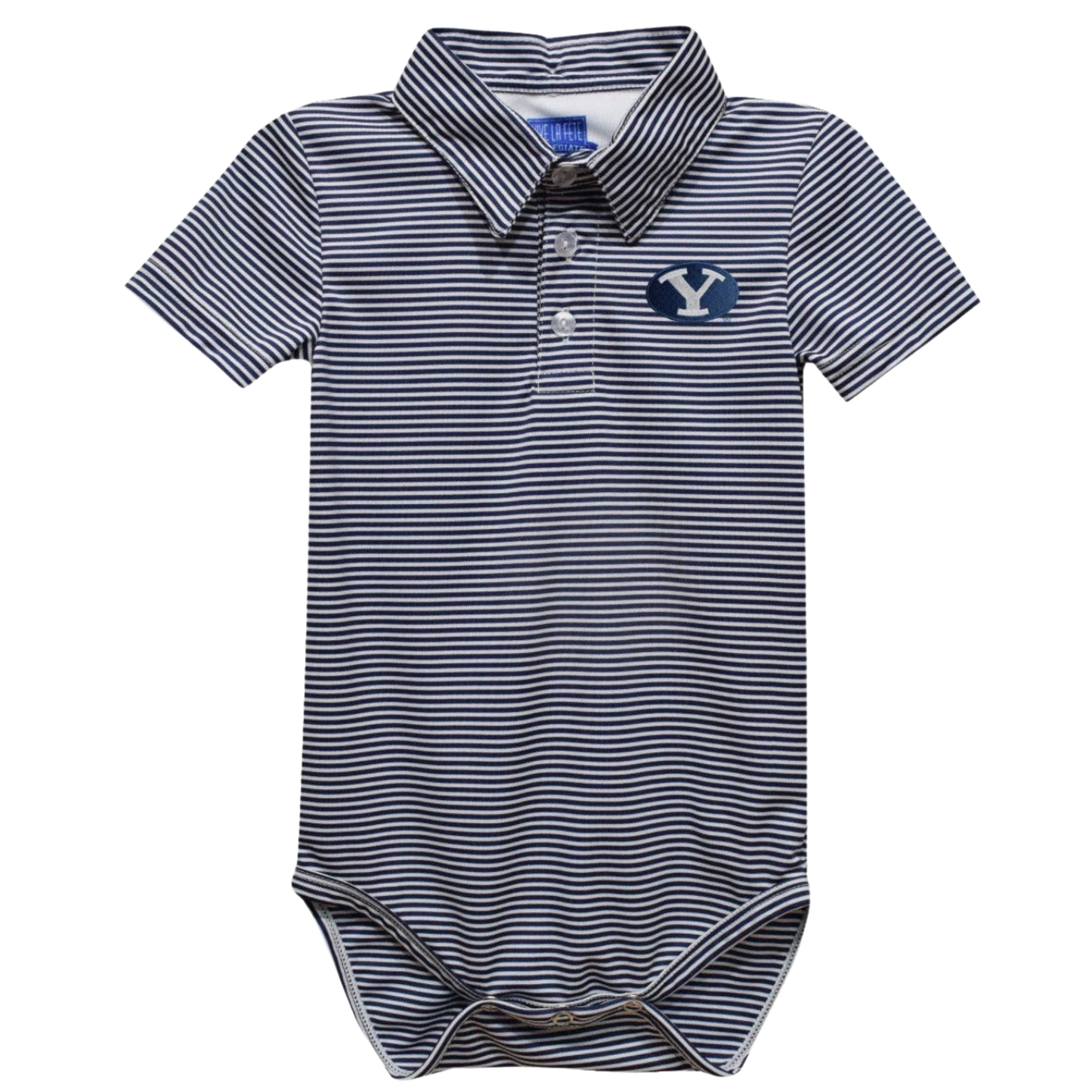 A baby short-sleeve polo bodysuit with navy and white horizontal stripes, featuring a navy blue 'Y' logo on the left chest, photographed on a solid white background.
