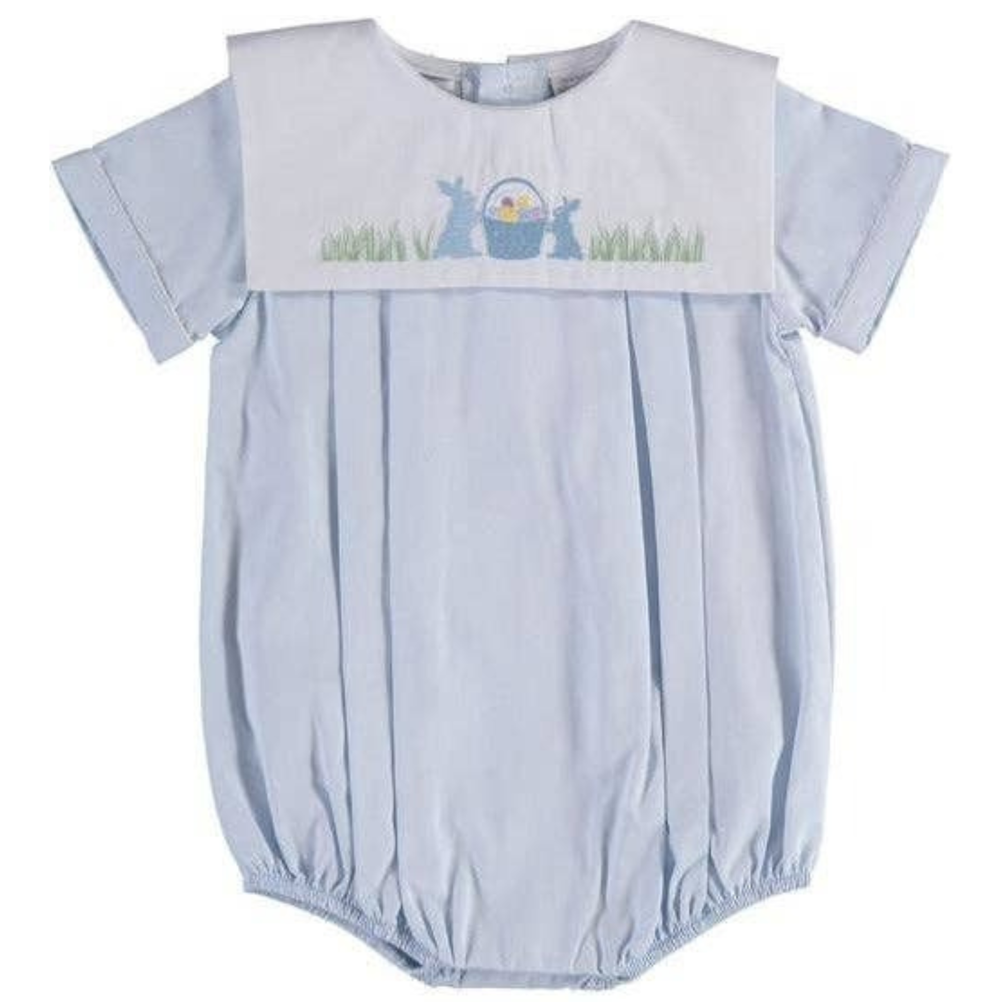 Light blue baby romper with embroidered design on a white background