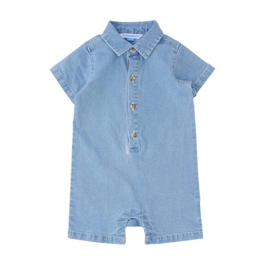 A light blue denim short-sleeve romper with a buttoned collar, photographed flat against a white background.
