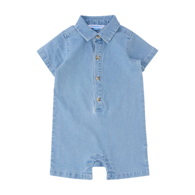 A light blue denim short-sleeve romper with a buttoned collar, photographed flat against a white background.