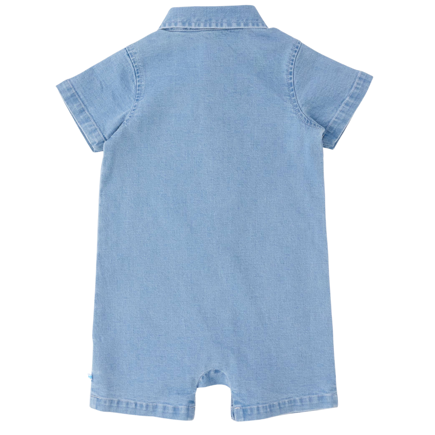 A light blue denim short-sleeve romper shown from the back, photographed flat against a solid white background.