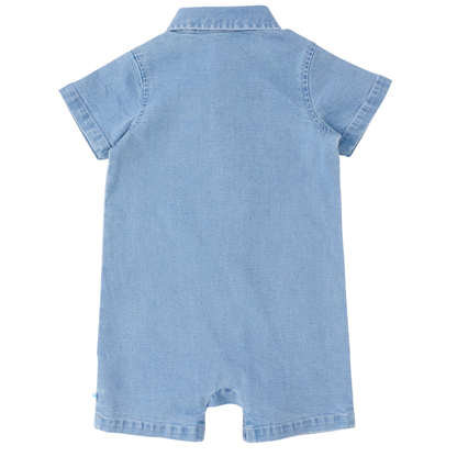 A light blue denim short-sleeve romper shown from the back, photographed flat against a solid white background.