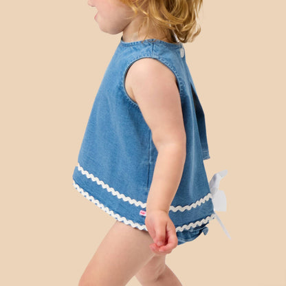 Child wearing a blue denim dress with white trim on a beige background