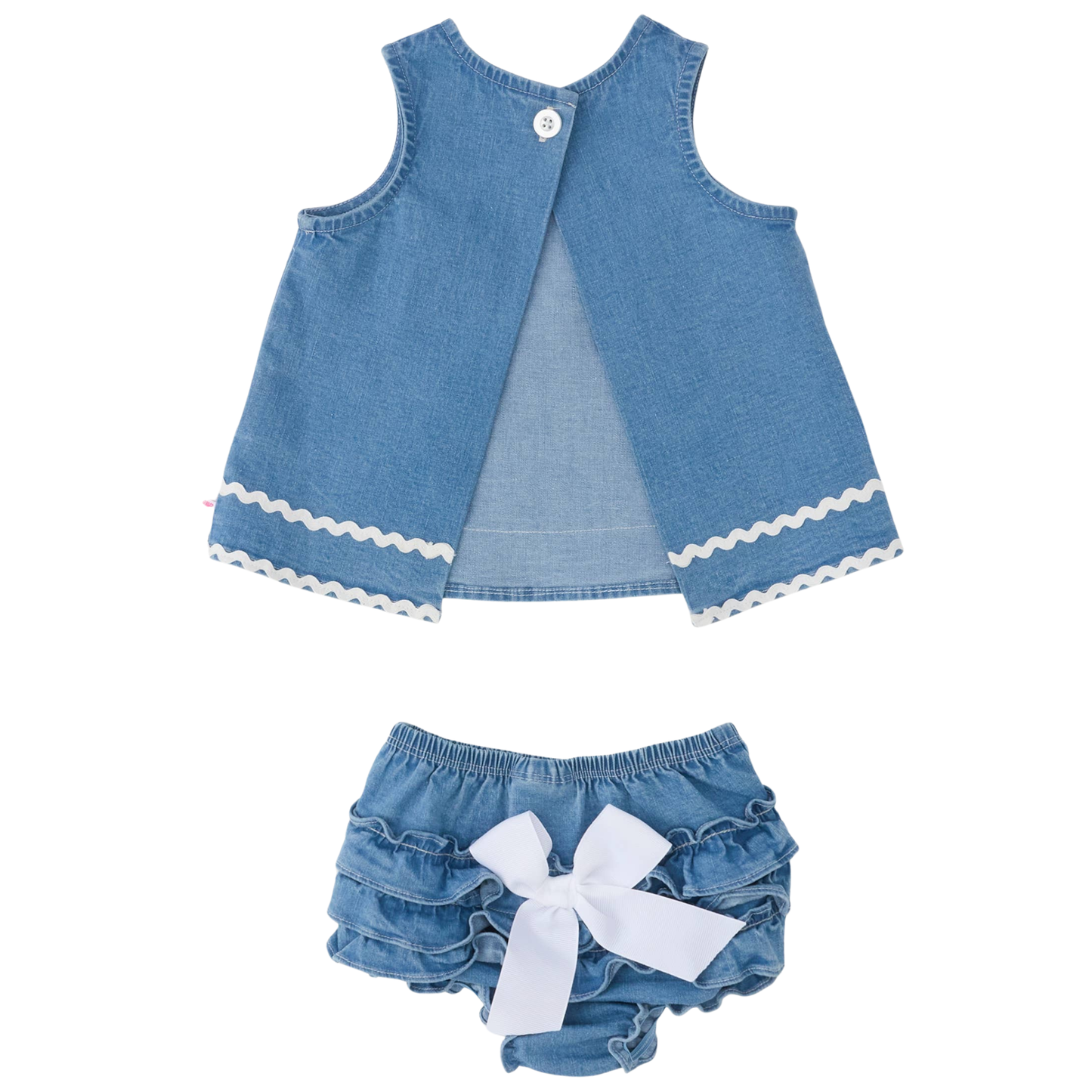 A two-piece baby outfit set made of light blue denim, featuring a sleeveless vest with white scalloped trim and matching ruffled bloomers with a white bow, displayed on a solid white background.
