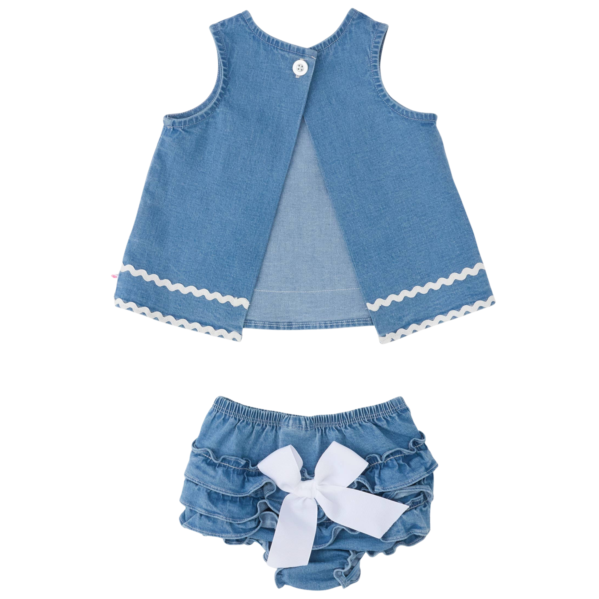 A two-piece baby outfit set made of light blue denim, featuring a sleeveless vest with white scalloped trim and matching ruffled bloomers with a white bow, displayed on a solid white background.