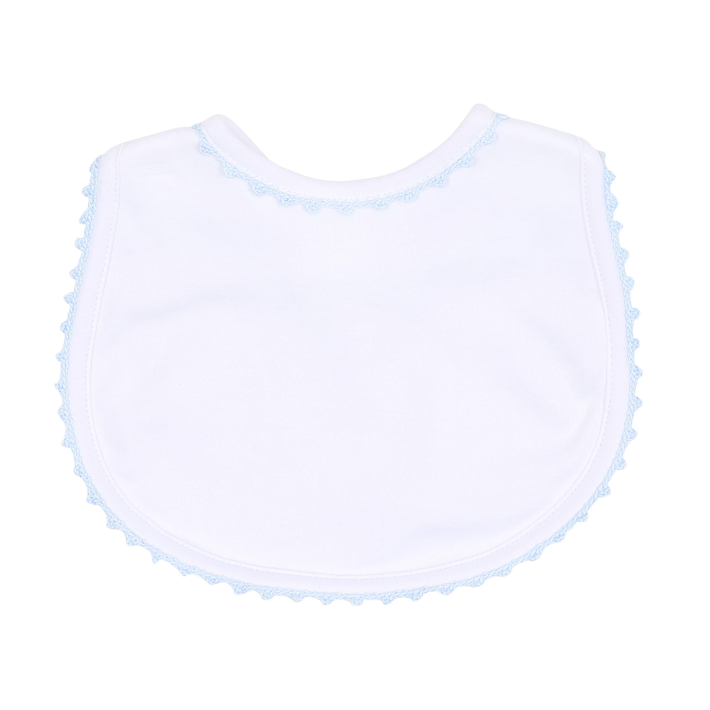 White bib with blue trim on a white background