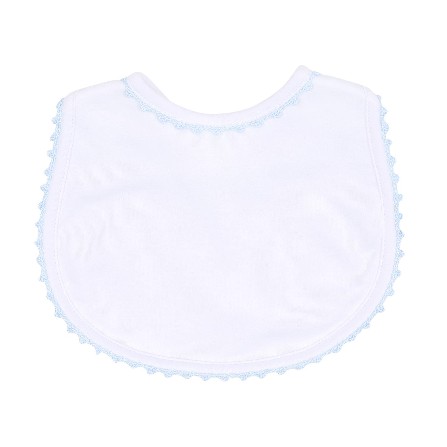 White bib with blue trim on a white background
