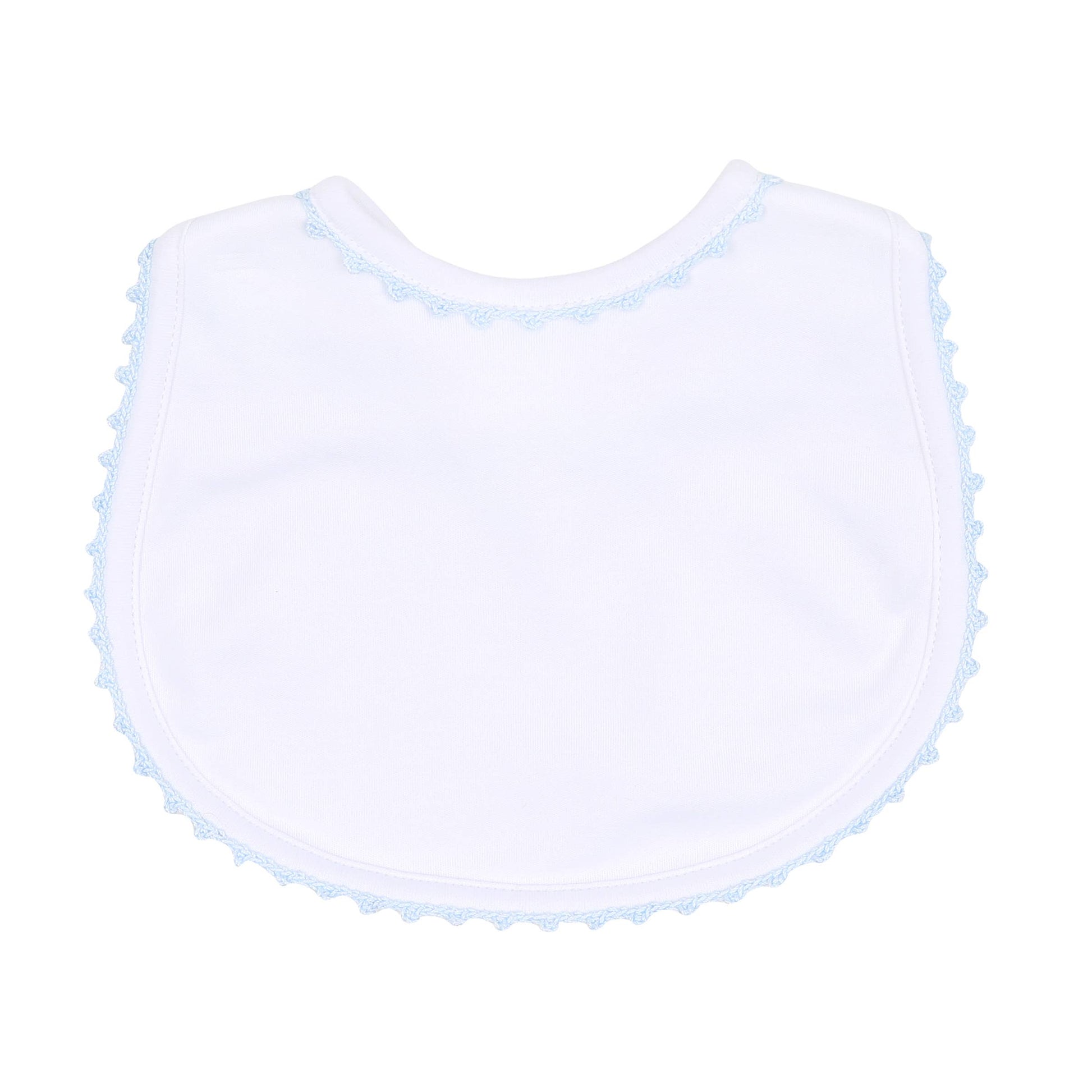 White bib with blue trim on a white background