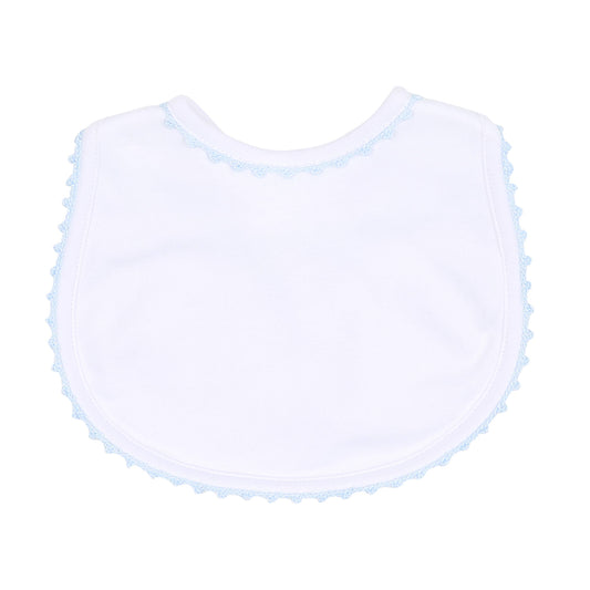 White bib with blue trim on a white background
