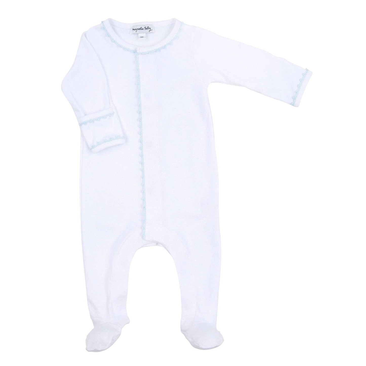 White baby onesie with footies on a white background