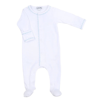 White baby onesie with footies on a white background