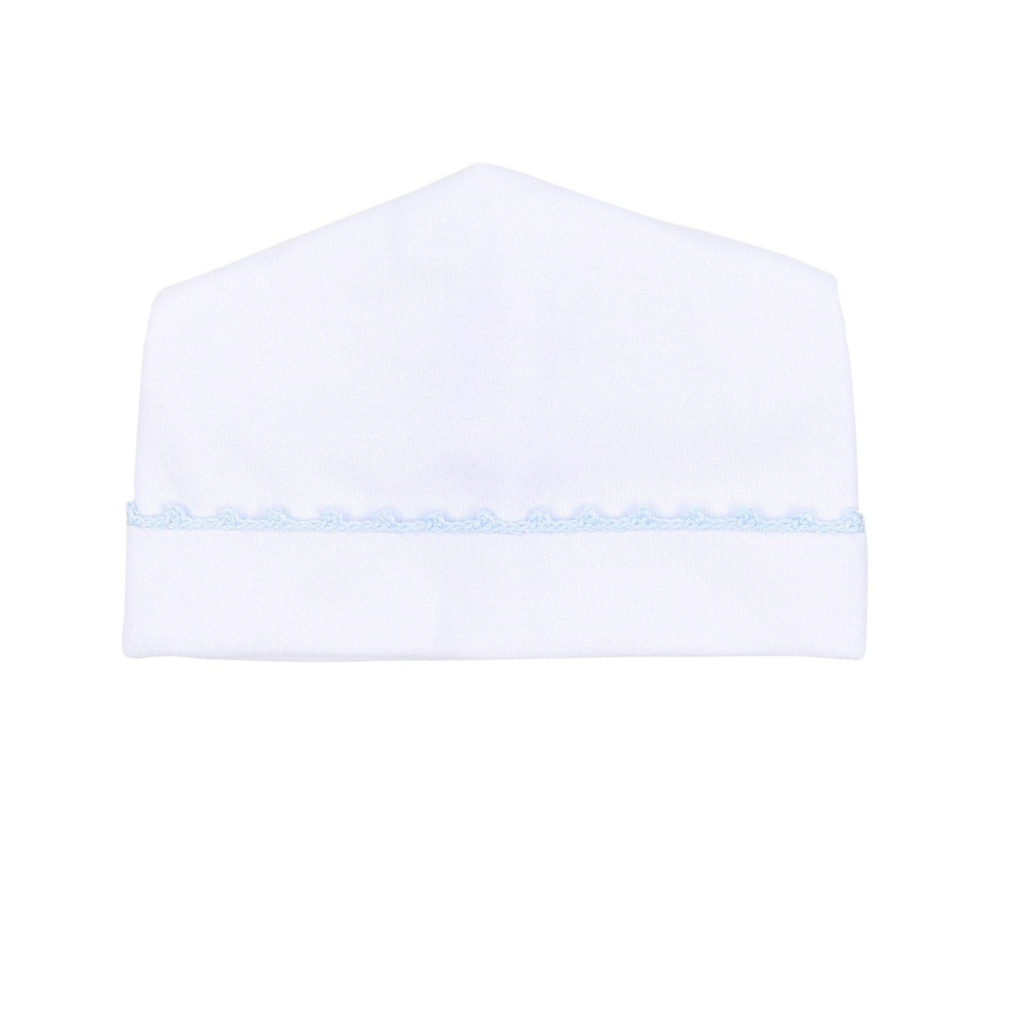 White baby hat with a light blue trim on a white background