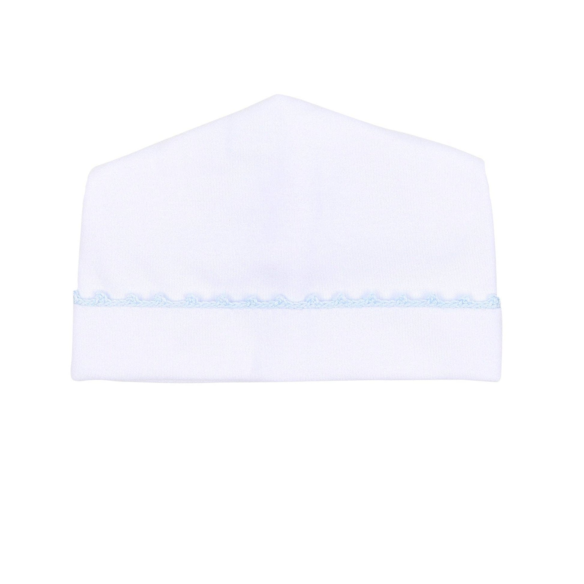 White baby hat with a light blue trim on a white background