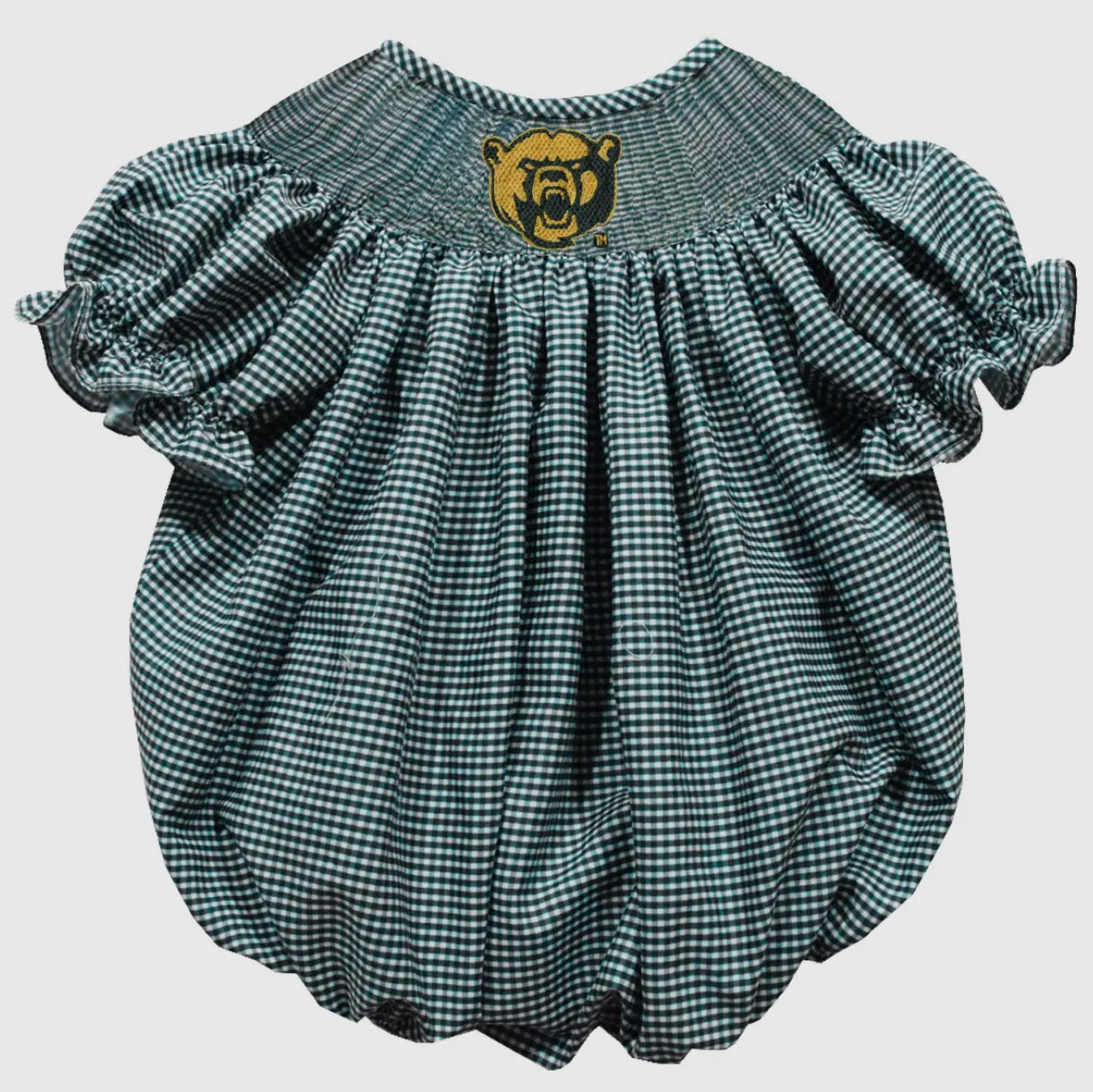 Green and white checkered baby romper with bear emblem on a light gray background