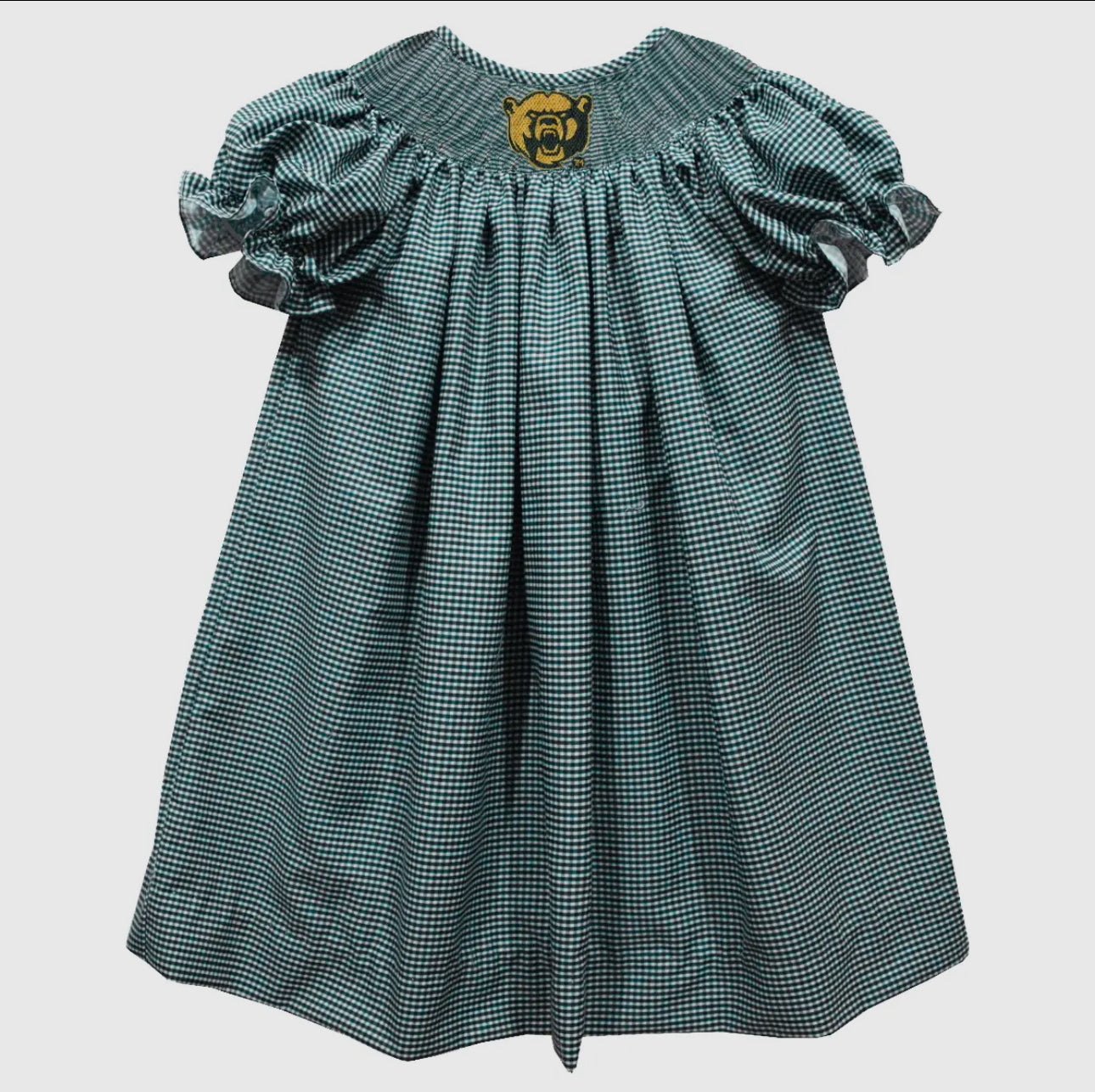 Green checkered dress with puff sleeves on a white background