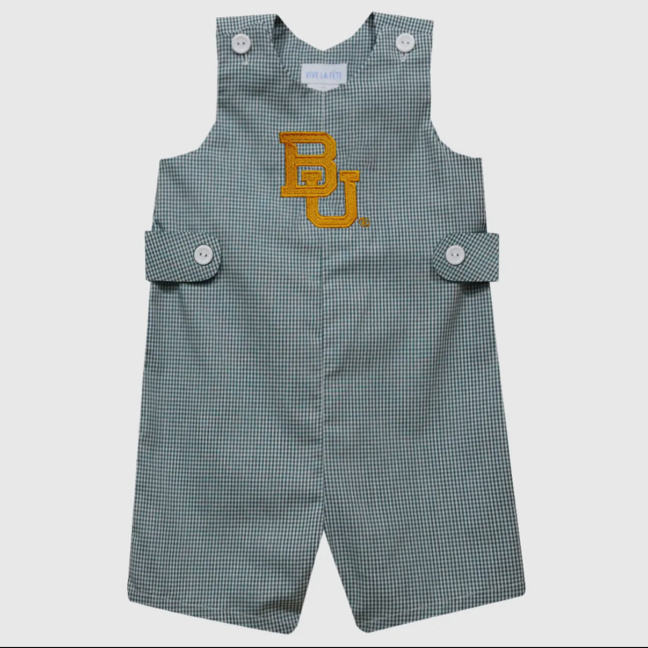 Green checkered overalls with a yellow logo on a light gray background