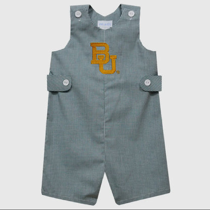 Green checkered overalls with a yellow logo on a light gray background