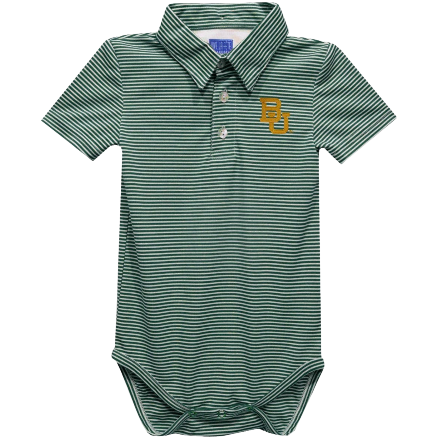 A baby short-sleeve polo bodysuit with green and white horizontal stripes, featuring a yellow embroidered 'UC' logo on the left chest and a three-button placket.