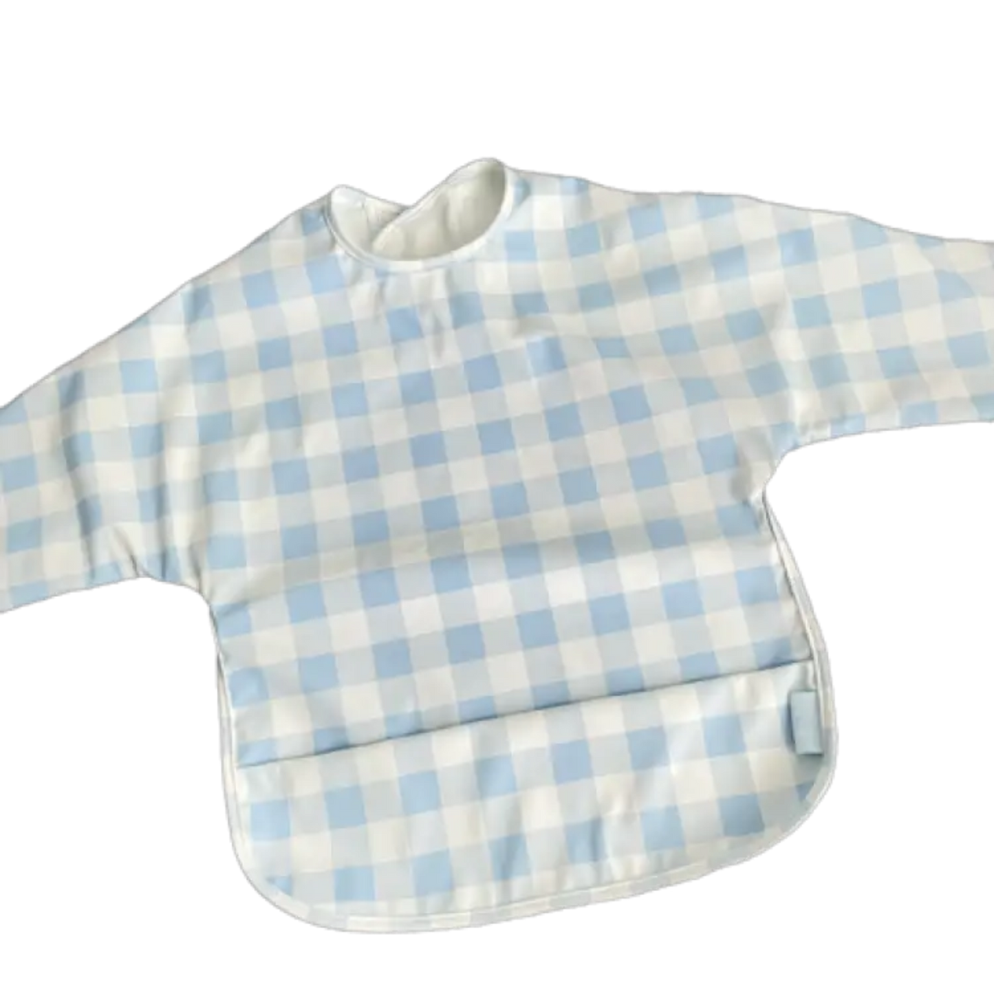 Baby bib with blue and white checkered pattern on a white background