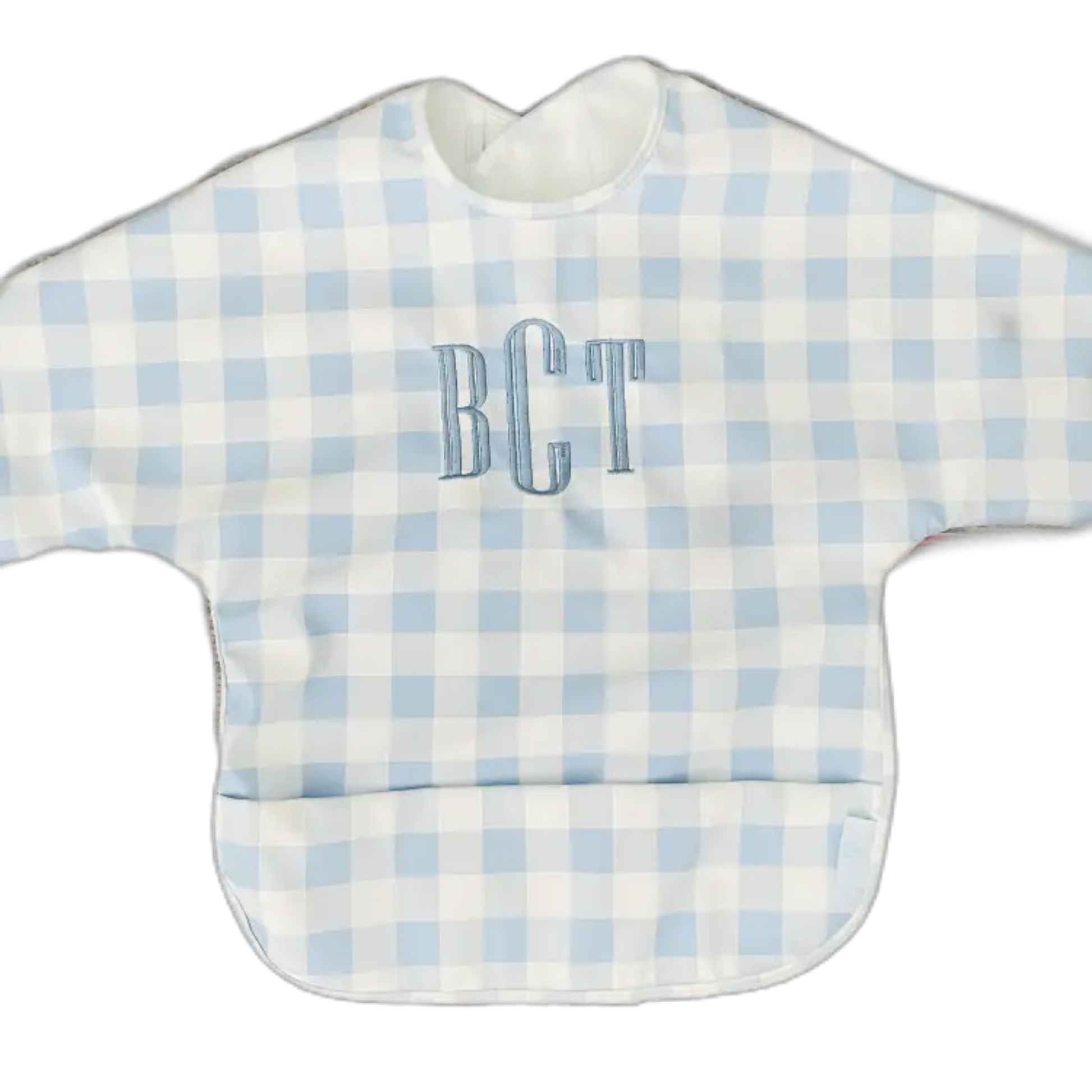 Baby bib with blue and white checkered pattern and 'BCT' monogram on a white background