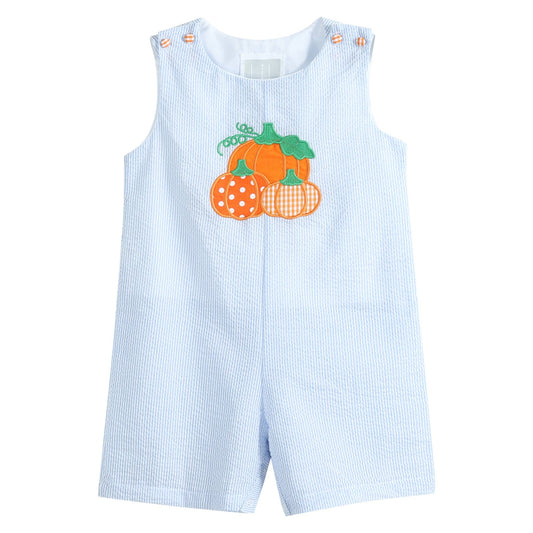 Light blue seersucker romper with orange pumpkins on a white background