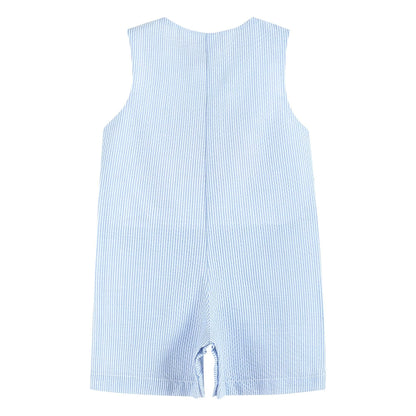 A sleeveless baby romper with a light blue and white vertical stripe pattern, shown from the back against a plain white background.