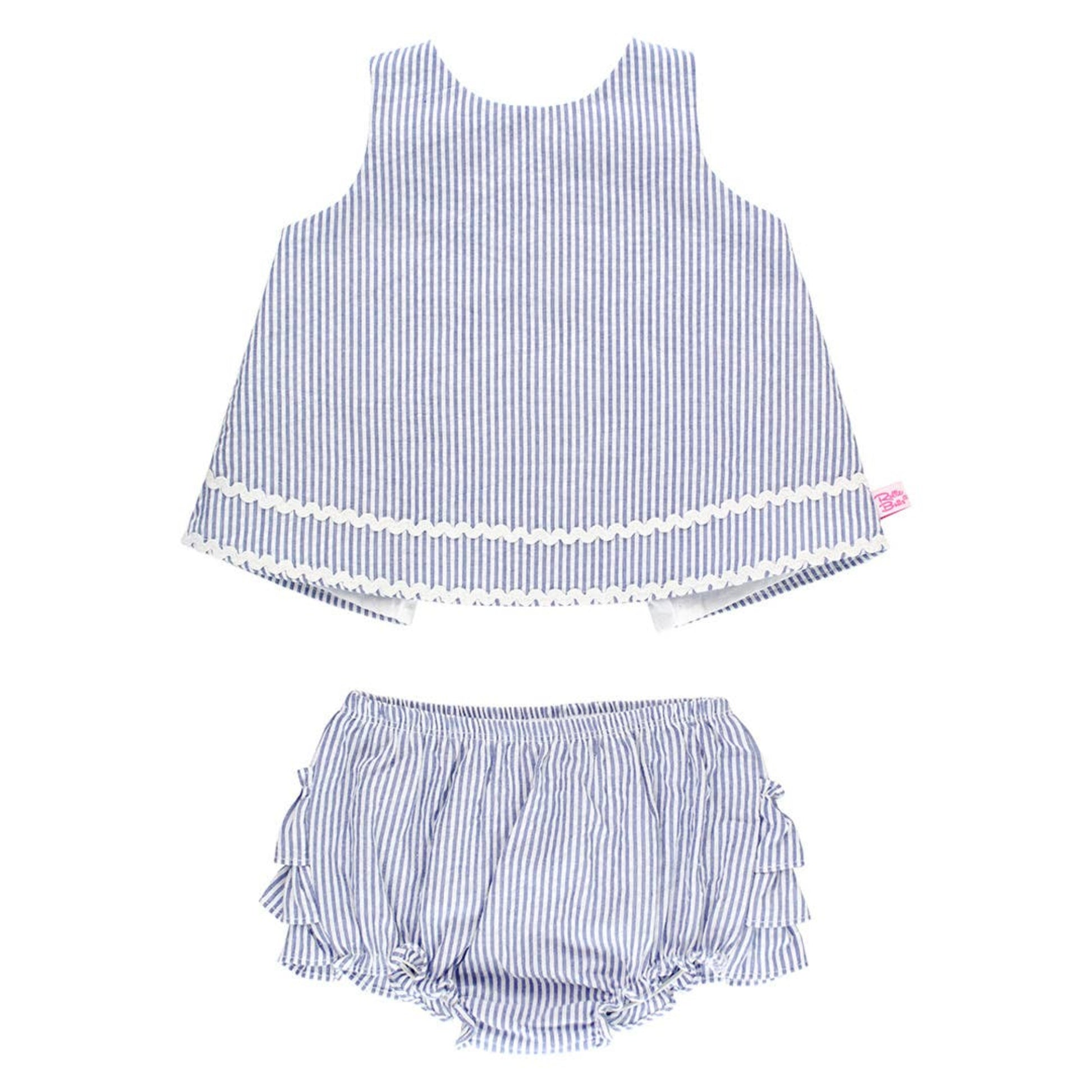 Children's blue and white striped top and bloomers set on a white background