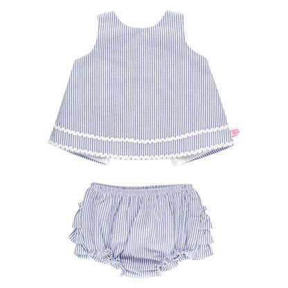 Children's blue and white striped top and bloomers set on a white background