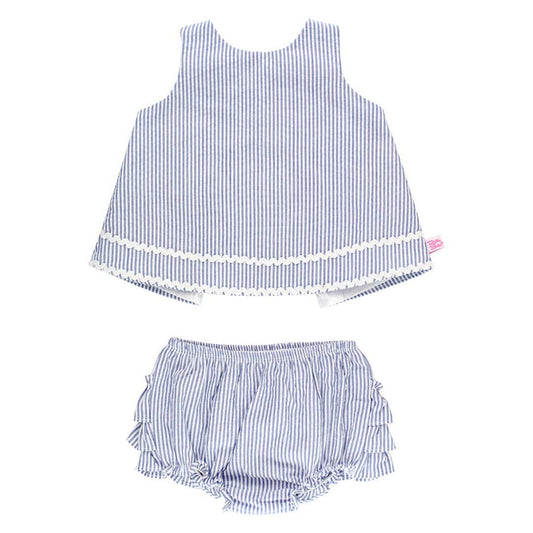 Children's blue and white striped top and bloomers set on a white background