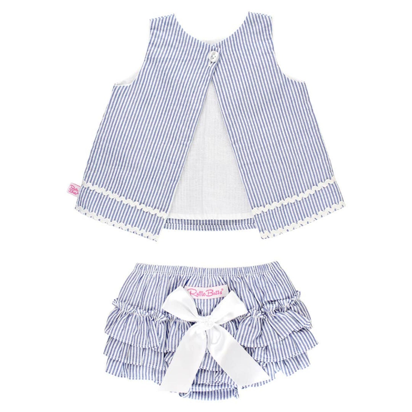 Blue and white striped top and diaper cover set on a white background