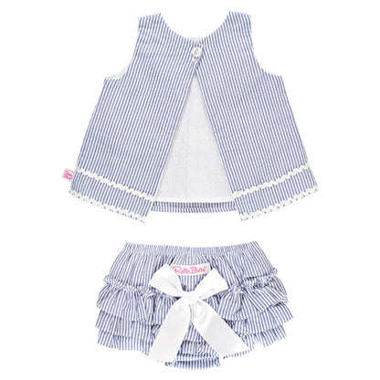 Blue and white striped top and diaper cover set on a white background